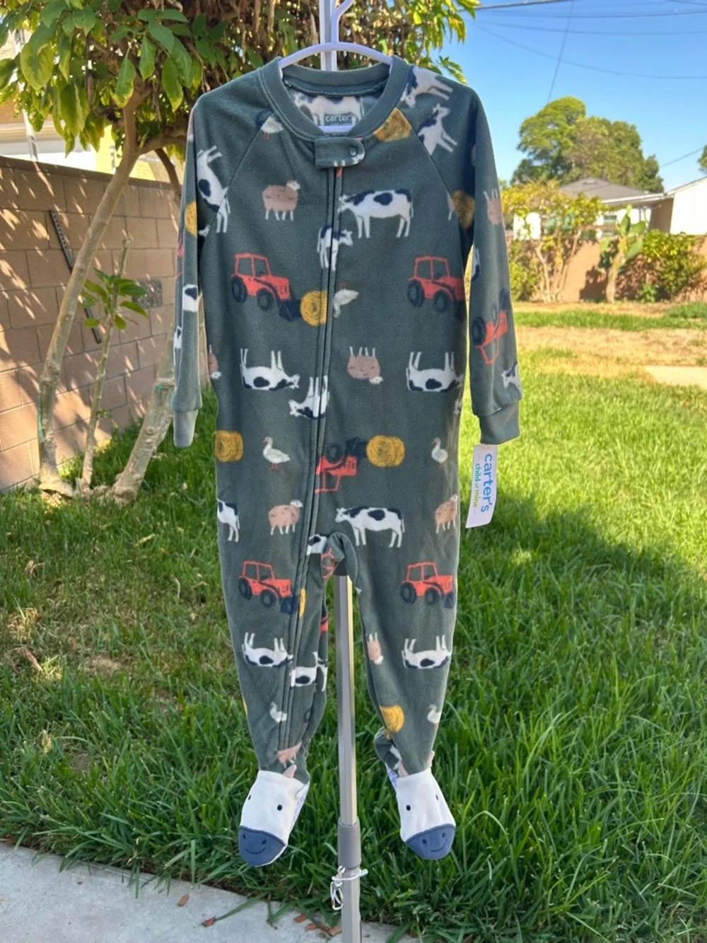 Carter's Dark Green Farm Animal & Tractor Fleece Footed Pajamas